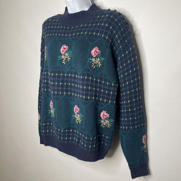 Vintage 80s Ninon de Lenclos Blue Green Check Sweater Floral Embroidered - Picture 7 of 8